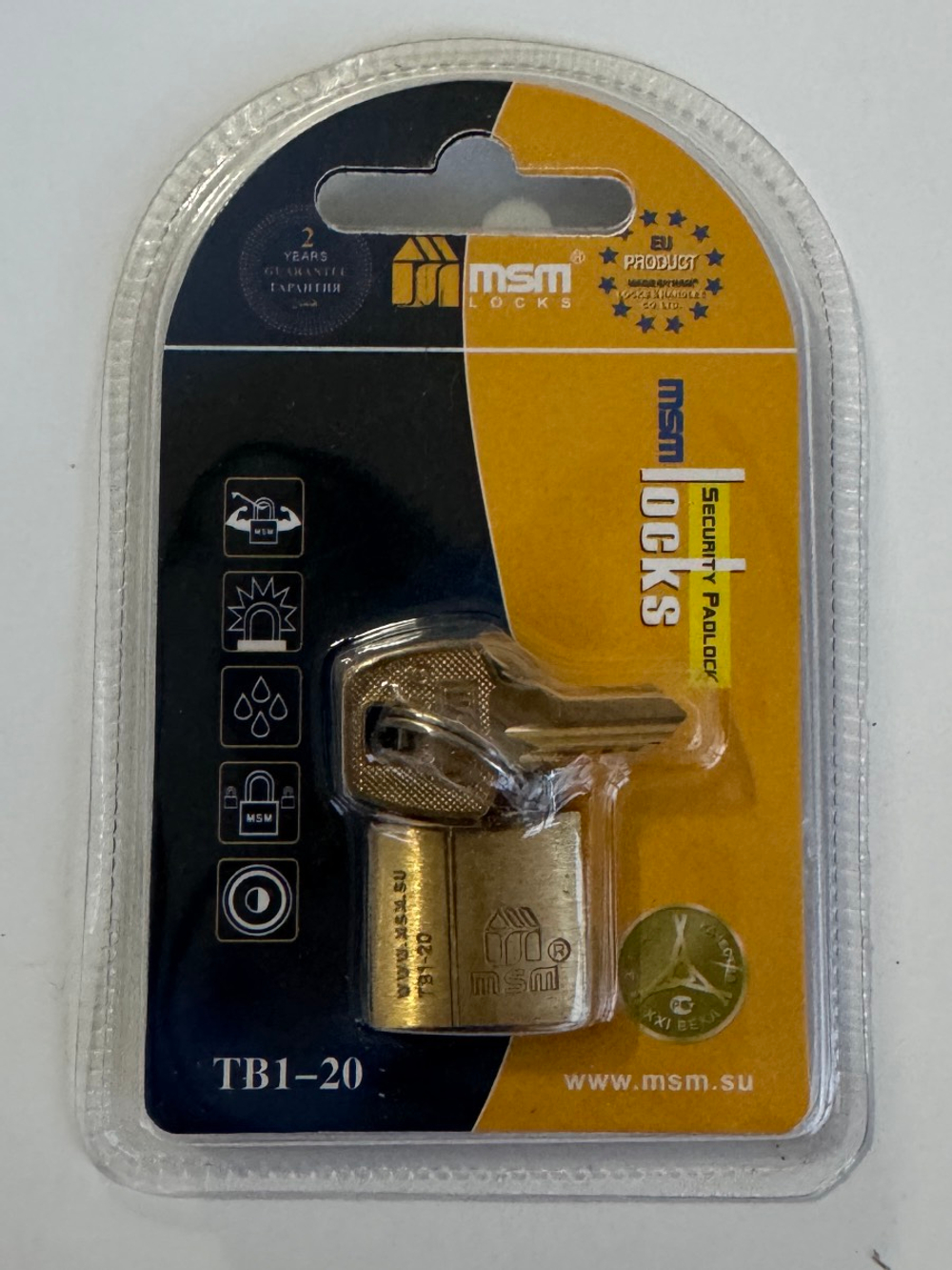Замок навесной MSM TB1-20 латунь Blister 3 перфо ключей