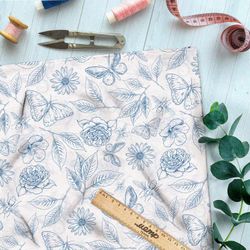 Ткань мембрана эскиз синих цветов, листьев и бабочек