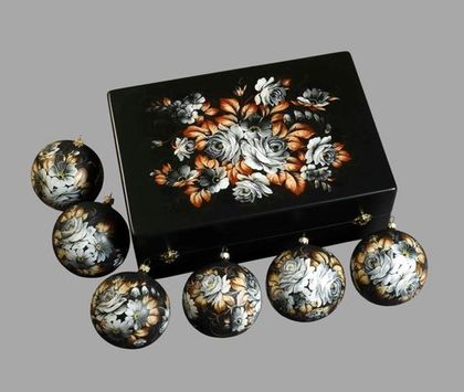 Zhostovo Christmas balls in wooden box - set of 6 balls SET04D-667785788