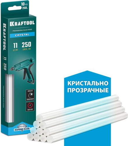 Клеевые стержни KRAFTOOL Cristal, 11 х 250 мм, 10 шт, кристально прозрачные (06846-10)