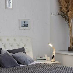 TLD-542 Cream-LED-300Lm-5000K-Dimmer Светильник настольный c часами. календарем. термометром. 5W. Сенсорный выключатель. Кремовый стилизован под кожу. TM Uniel.