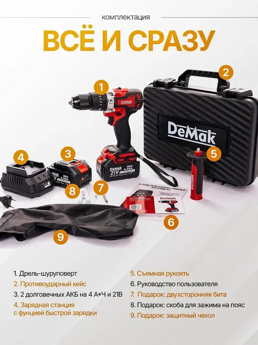 DeMak Дрель-шуруповерт, 21 В, 120 Нм, 2 АКБ