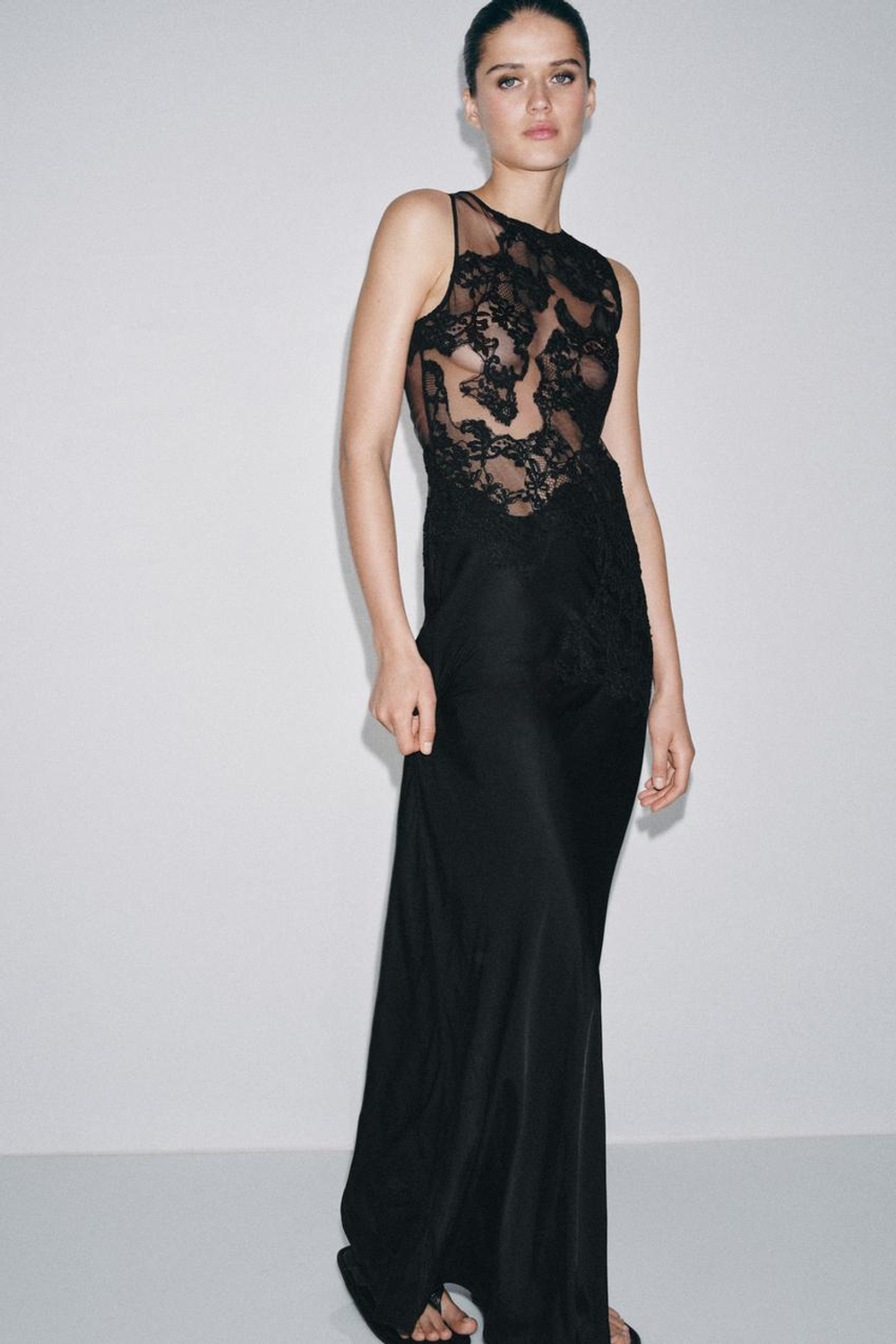 ZARA ДЛИННОЕ ПЛАТЬЕ ИЗ СЕТКИ И КРУЖЕВА, ЧЕРНЫЙ