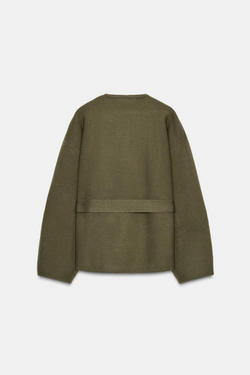 ZARA КОРОТКОЕ ТРИКОТАЖНОЕ ПАЛЬТО С ПОЯСОМ, ТЕМНО-ЗЕЛЕНЫЙ