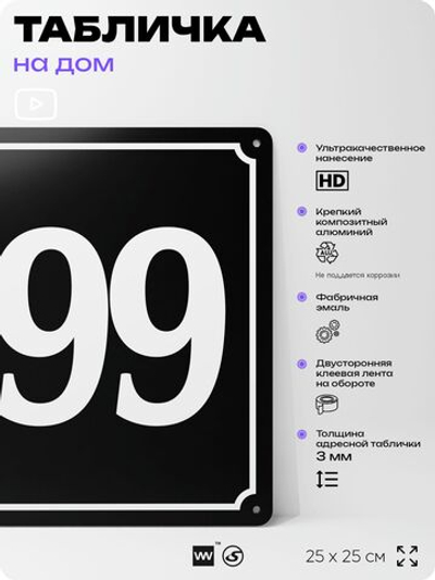 Адресная табличка с номером дома 199, на фасад и забор, черная, 25х25 см, Айдентика Технолоджи