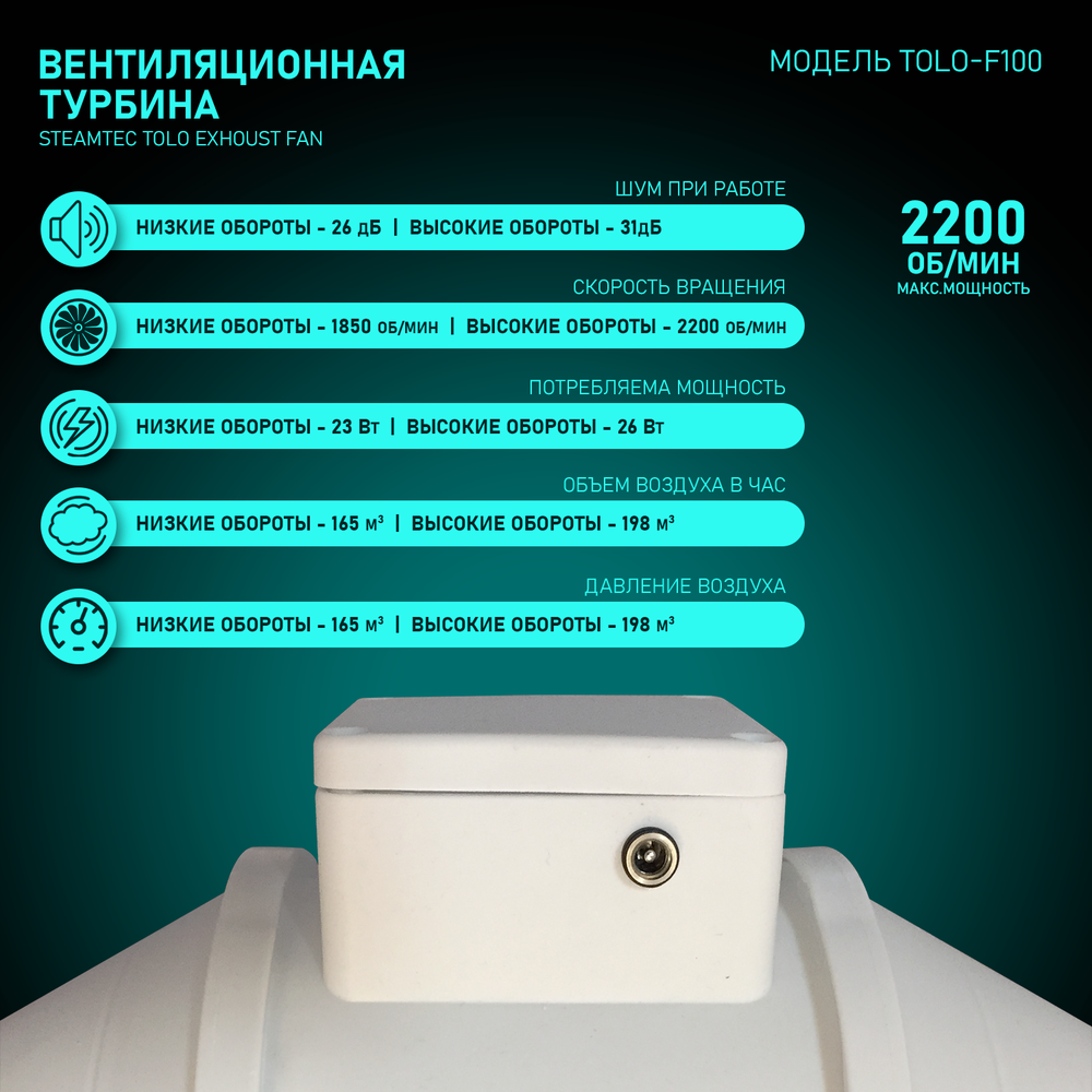 Влагостойкая вентиляционная турбина для хамамов и турецких бань Steamtec Tolo exhaust fan, TOLO-F100