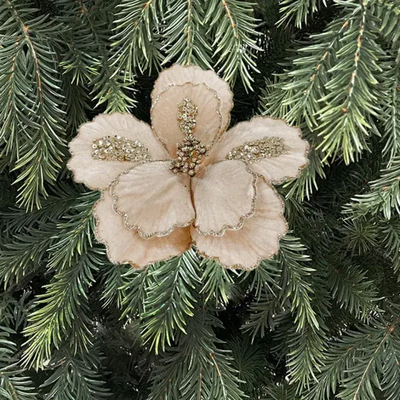 Декоративный цветок Магнолия 20 см., шампань, на клипсе, Christmas DeLuxe (89567)