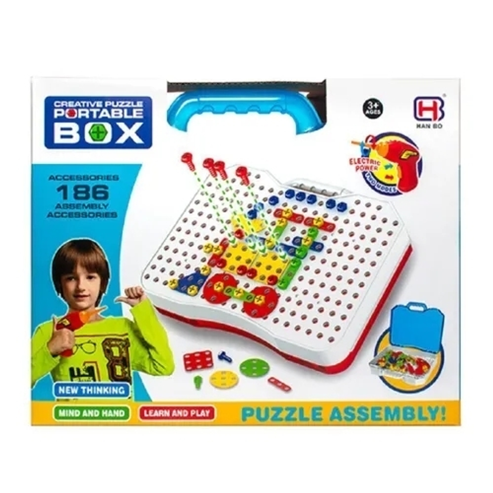 Конструктор мозаика с шуруповёртом 186 деталей Creative puzzle portable box 3в1