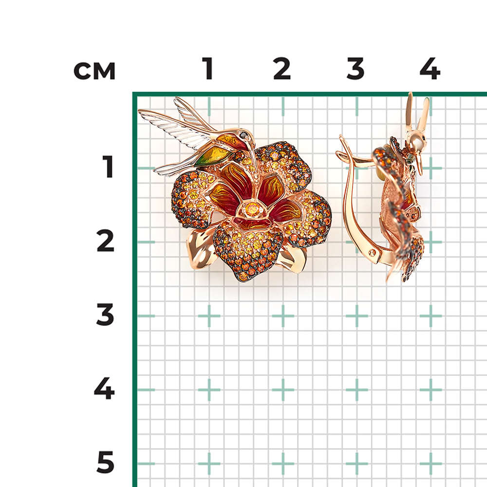 Серьги «Колибри» с английским замком из красного золота с фианитами и эмалью