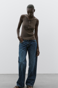 ZARA ТОП В РУБЧИК ИЗ ТКАНИ С ЭФФЕКТОМ ПОТЕРТОСТИ, КОРИЧНЕВЫЙ