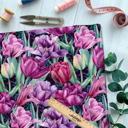 Ткань бифлекс живописные тюльпаны на чёрном фоне