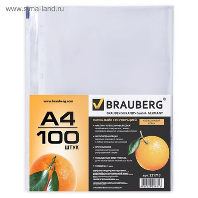 Папка-вкладыш А4 с перфорацией Brauberg Апельсиновая корка , 45 мкм, 100 штук в упаковке, матовые