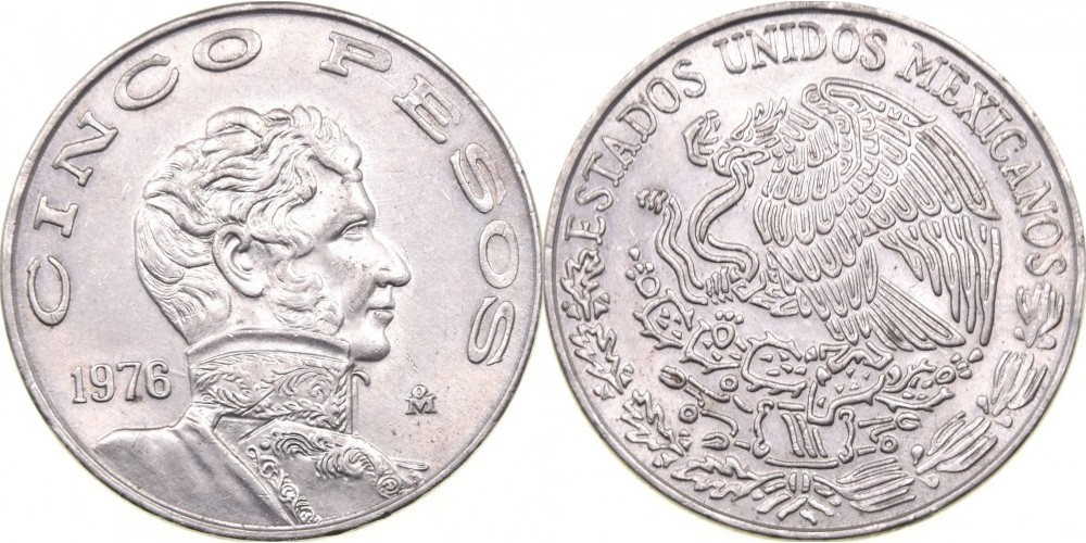 Мексика 5 песо, 1971 - 1978 Висенте Герреро XF