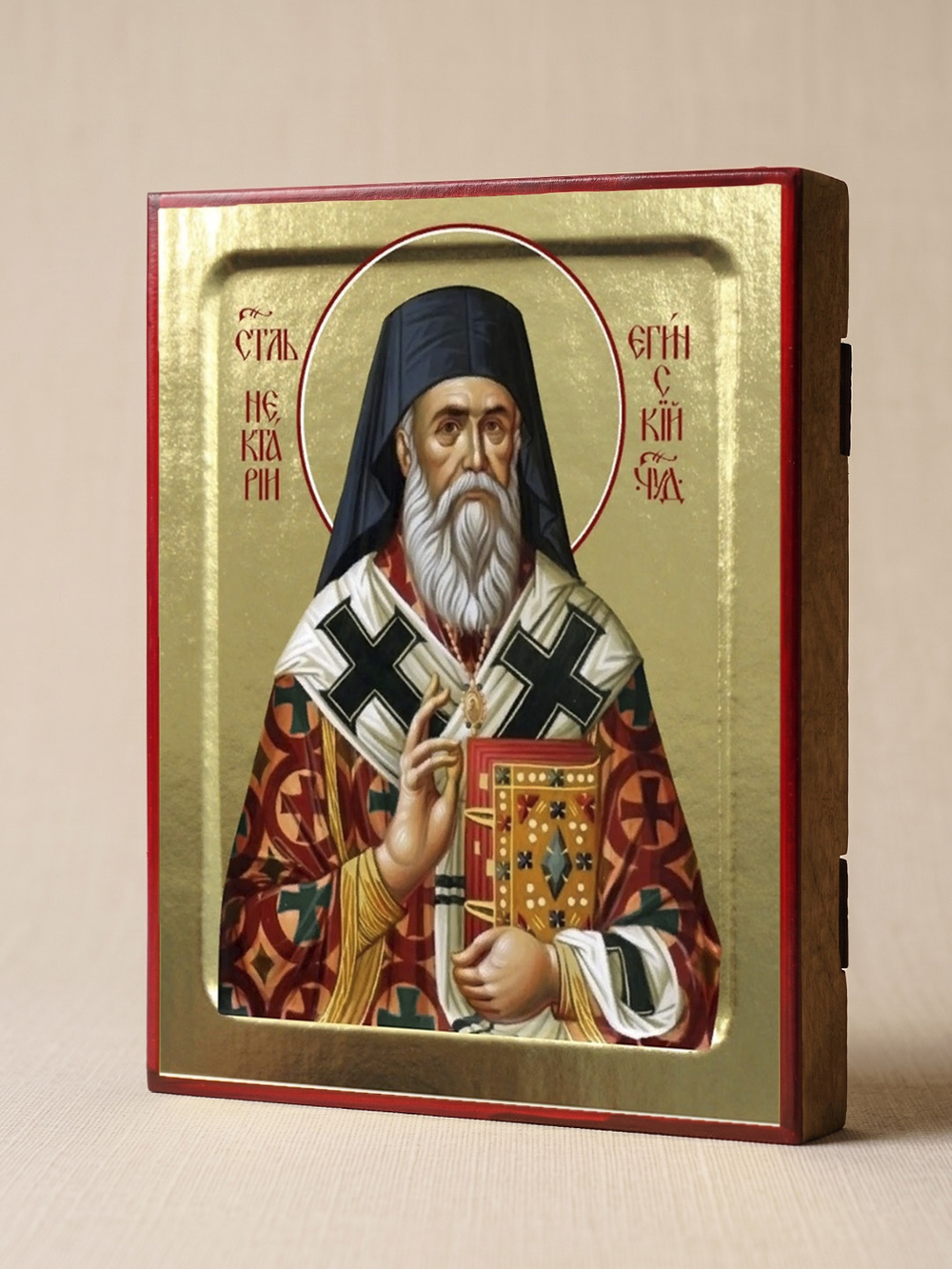 Икона Нектария Эгинского, святителя (в красно-белом, клобук) на дереве: 125 х 160 (Синопсисъ)