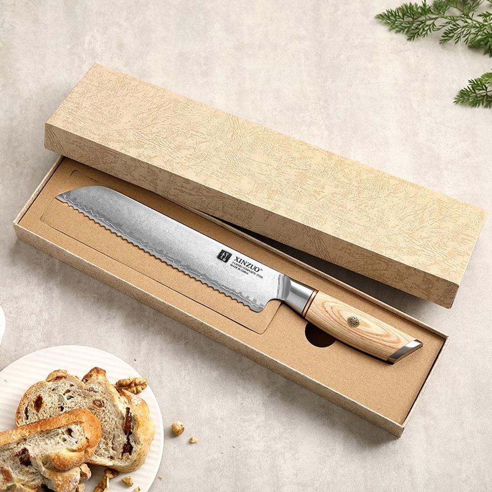 Кухонный нож Xinzuo B37S Bread нож 8,5 дюймов клинок 3 Layers Composite рукоять дерево pakka, длина лезвия 21,2 см