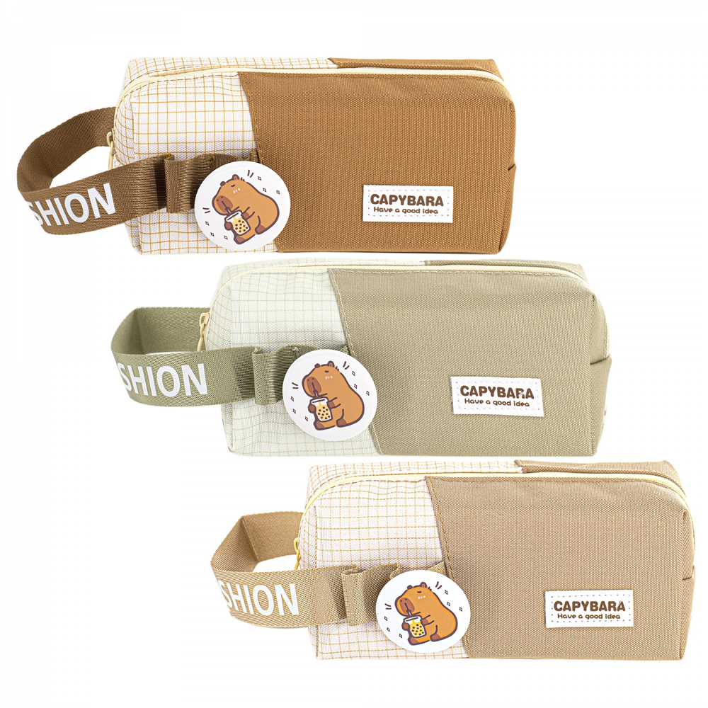 Пенал - косметичка Alingar, ткань, молния, значок, петля, 190 х 70 х 60 мм, "Capybara. Have a good idea", микс (коричн, беж, св-корич), европодвес