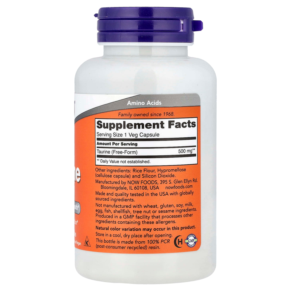 NOW Foods, таурин, 500 мг, 100 растительных капсул