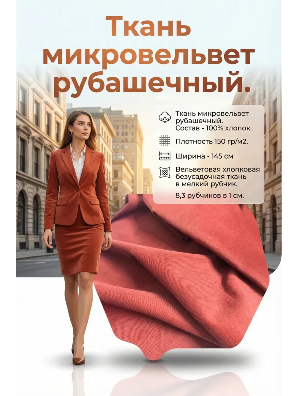 Микровельвет рубашечный 100% хлопок 150 гр/м2 Кирпичный