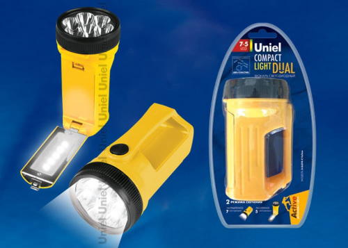 S-SL014-C Yellow Фонарь Uniel серии Стандарт «Compact Light – Dual», пластиковый корпус, 7+5LED, упаковка — кламшелл, 3хААА н/к, цвет – желтый