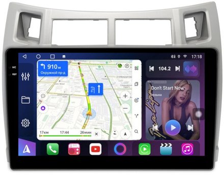 Магнитола для Toyota Vitz 2, Yaris 2 2005-2011 (рамка серебро) - FarCar 3022M монитор 9.5" QLED на Android 14, TS18, CarPlay, 4G SIM-слот