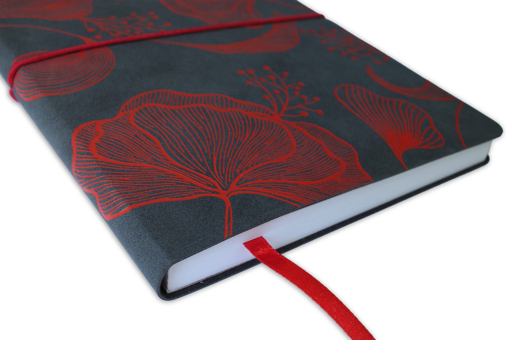 НОВИНКА! Блокнот "Ginkgo" в клетку А5 128 листов, гибкая обложка из бархатистой экокожи нубук  (цвет темно-серый) с тиснением рисунка красной матовой фольгой
