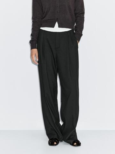 Massimo Dutti Широкие брюки в тонкую полоску со средней посадкой, черный