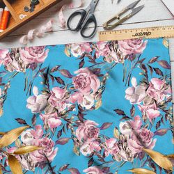 Ткань бифлекс розовые пионы с листьями