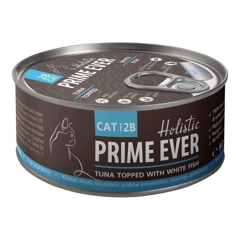 Prime Ever 2B Тунец с белой рыбой в желе влажный корм для кошек ж/б 80г