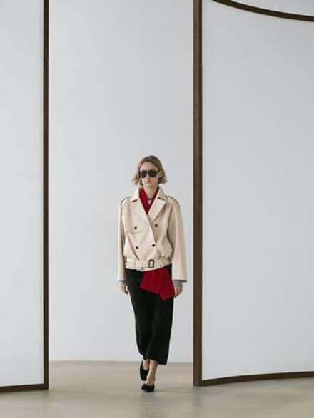 Massimo Dutti Короткий тренч с поясом, бежевый