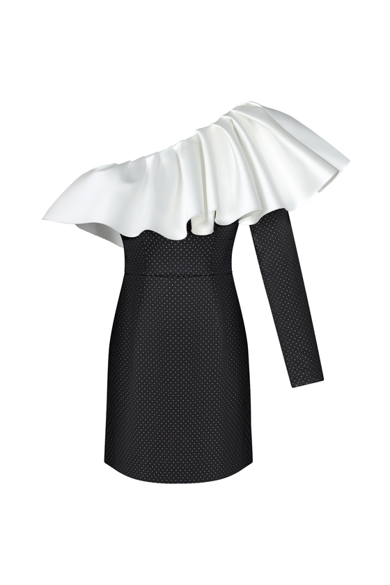 Платье мини из органзы с одним рукавом и рюшем из атласа