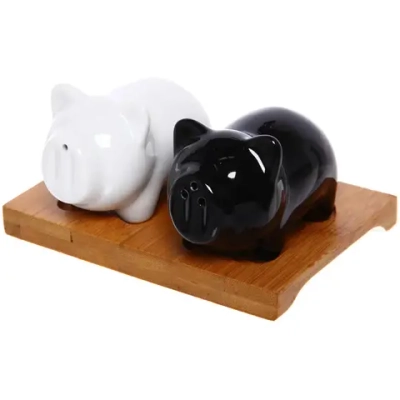 Набор для специй 2шт на бамбуковой подставке «Черное и белое» поросята