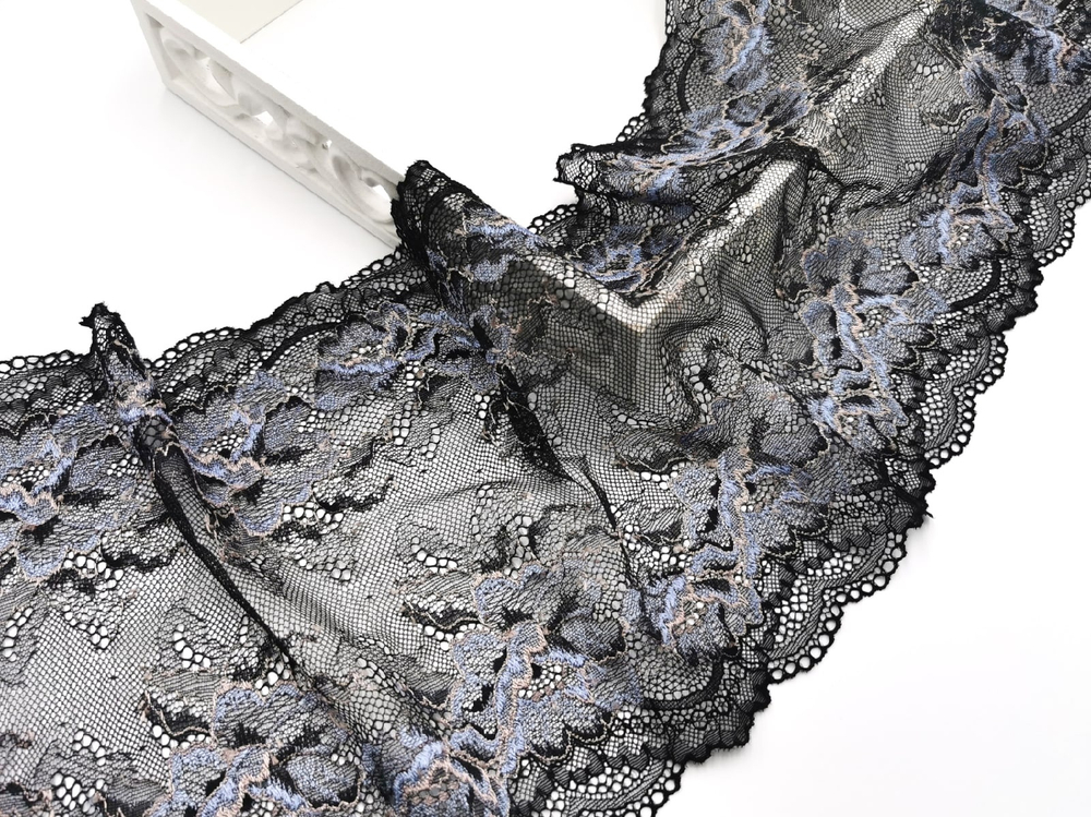 Эластичное кружево, 21,5 см, черное и голубое(Арт: EK-2703), м