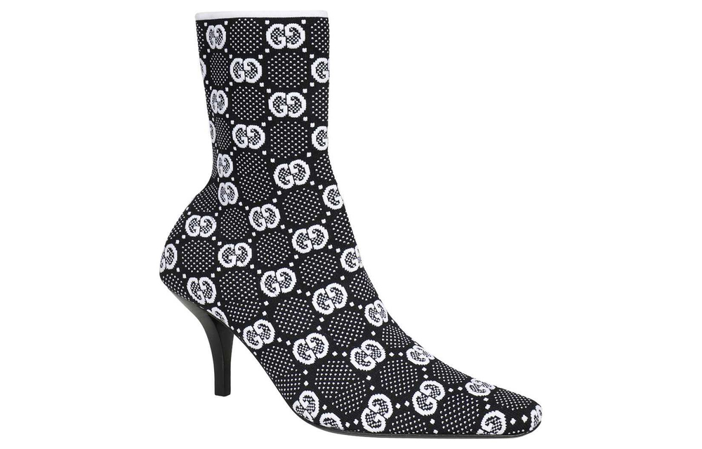 GUCCI Gg 75mm Knit Ankle Boots Black White Fabric Women"s
