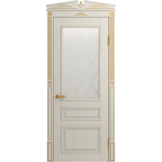 Межкомнатная дверь массив ясеня Viporte Рим белая эмаль патина золото остеклённая