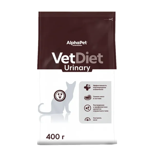 Сухой диетический корм AlphaPet VetDiet URINARY для взрослых кошек и котов при заболеваниях нижних отделов мочевыводящих путей