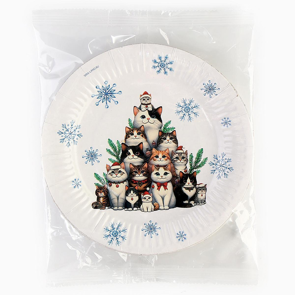 Тарелка новогодняя бумажная "С Новым годом. Котики" 18см, одноразовая