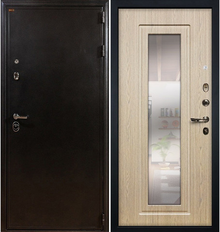 Входная  дверь с зеркалом Лекс Колизей № 23 Беленый дуб / Антик темное серебро