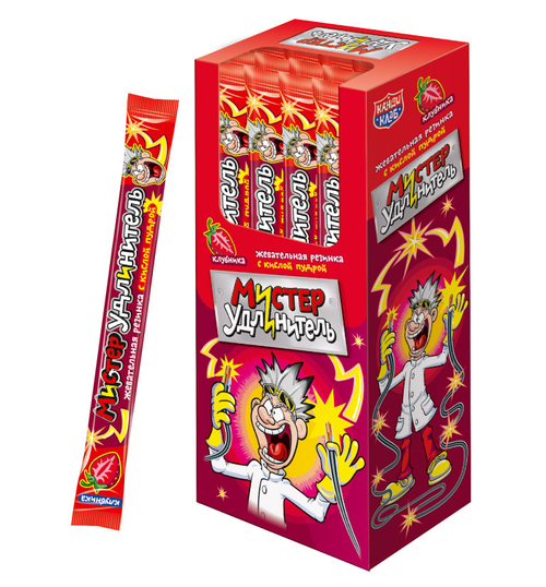 Жевательная резинка с кислой пудрой "Мистер удлинитель" со вкусом клубники 18гр*30шт*12 блоков