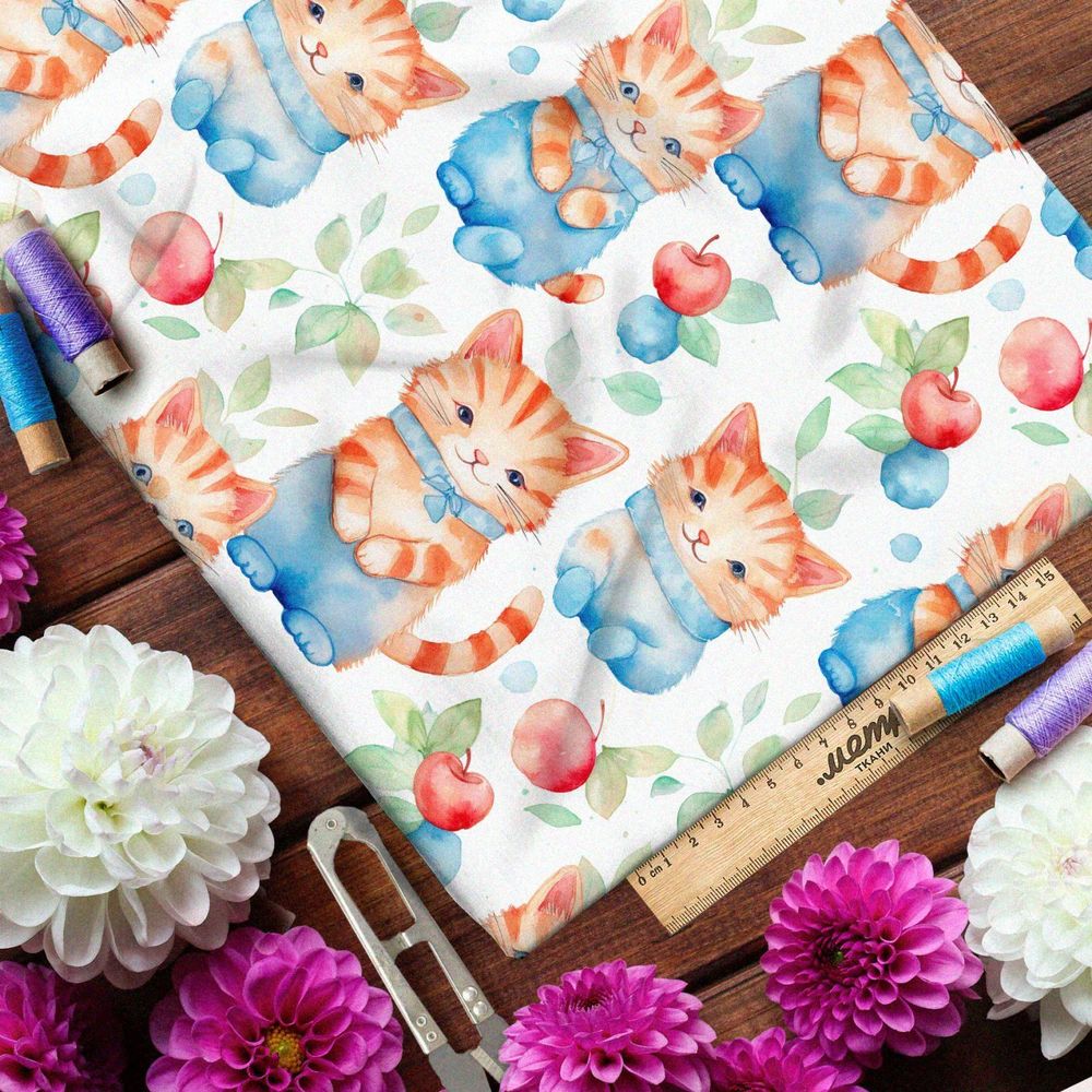 Ткань премиум таффета акварельные коты