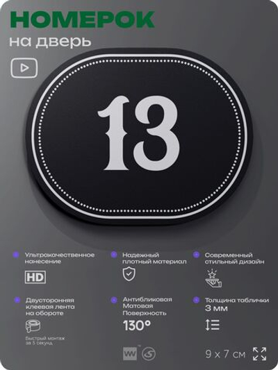 Номерок на дверь квартиры 13, для кабинета, офиса, шильдик 9 х 7 см, черный, Айдентика Технолоджи