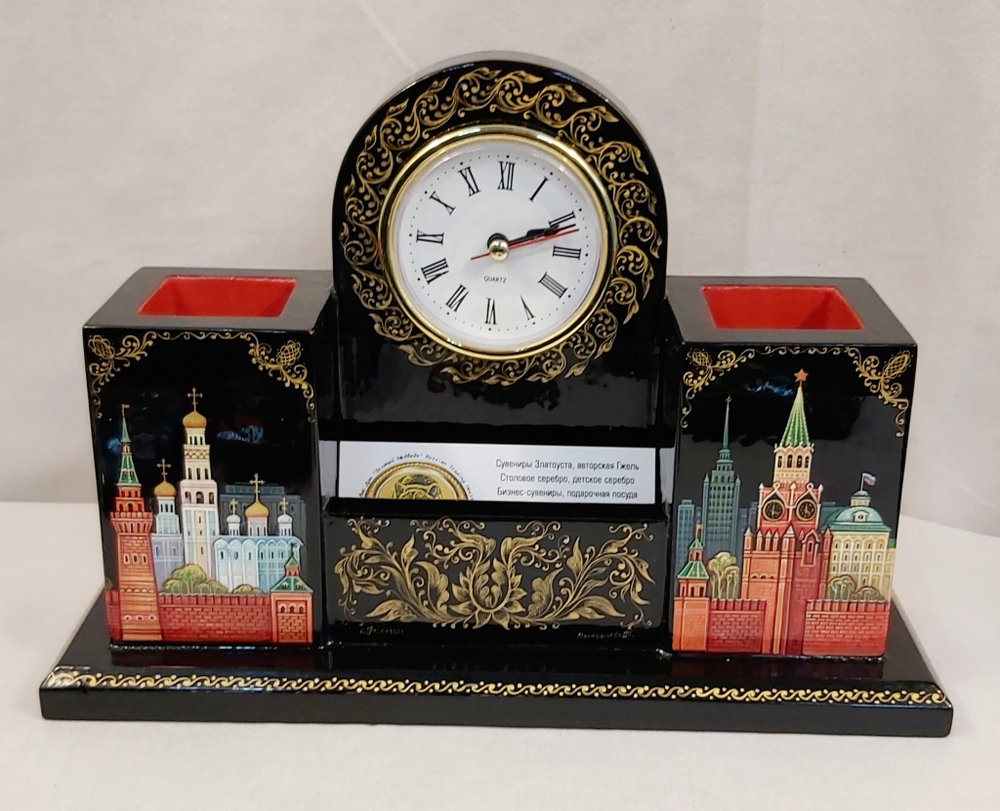 Настольный набор с часами с ручной росписью Палех "Москва " №2