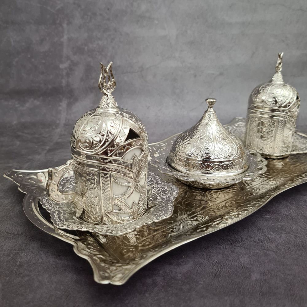 Кофейный набор "Lale" на 2 персоны с лукумницей и подносом/ACAR. Турция (серебристый)