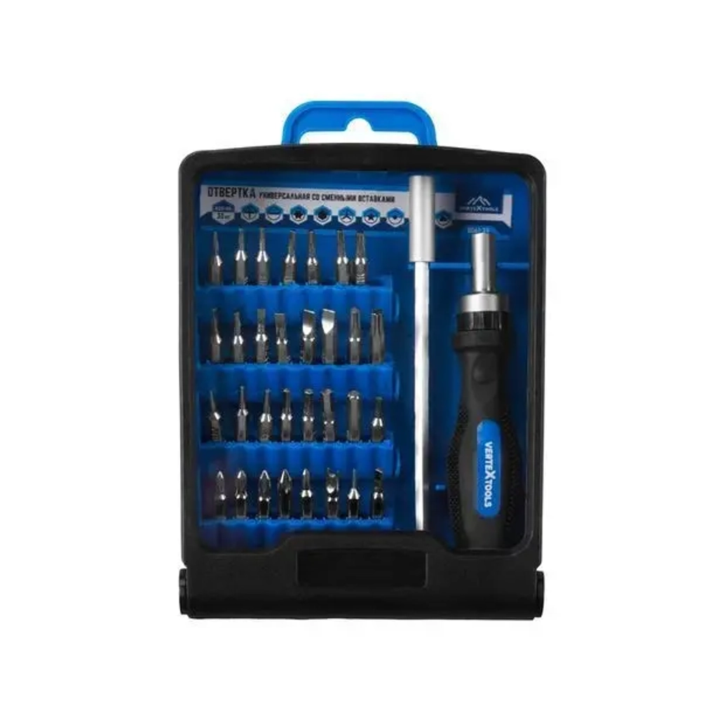 ОТВЕРТКА УНИВЕРСАЛЬНАЯ СО СМЕННЫМИ ВСТАВКАМИ VERTEXTOOLS 33шт