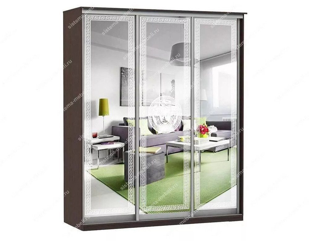 Шкаф купе Модерн 1776х450 3-х дверный 3-х секционный зеркальный с пескоструем №1 венге