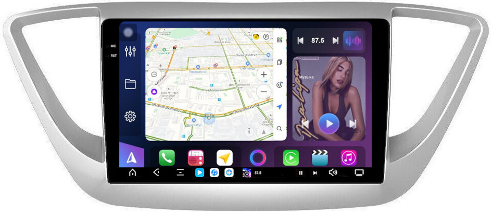 Магнитола для Hyundai Solaris 2 2017-2022, Solaris HS 2024+ (рамка серебро) - FarCar XXL766M монитор 9.5" 2K QLED на Android 14, TS20, 8+256Гб, CarPlay, 4G SIM-слот
