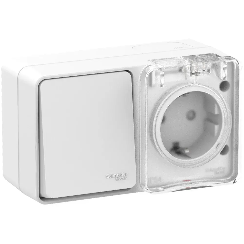 ATLASDESIGN PROFI IP54 О/У БЛОК: РОЗЕТКА с заземл. со шт., 16А, ВЫКЛЮЧАТЕЛЬ 1-клав., 10АХ, БЕЛЫЙ