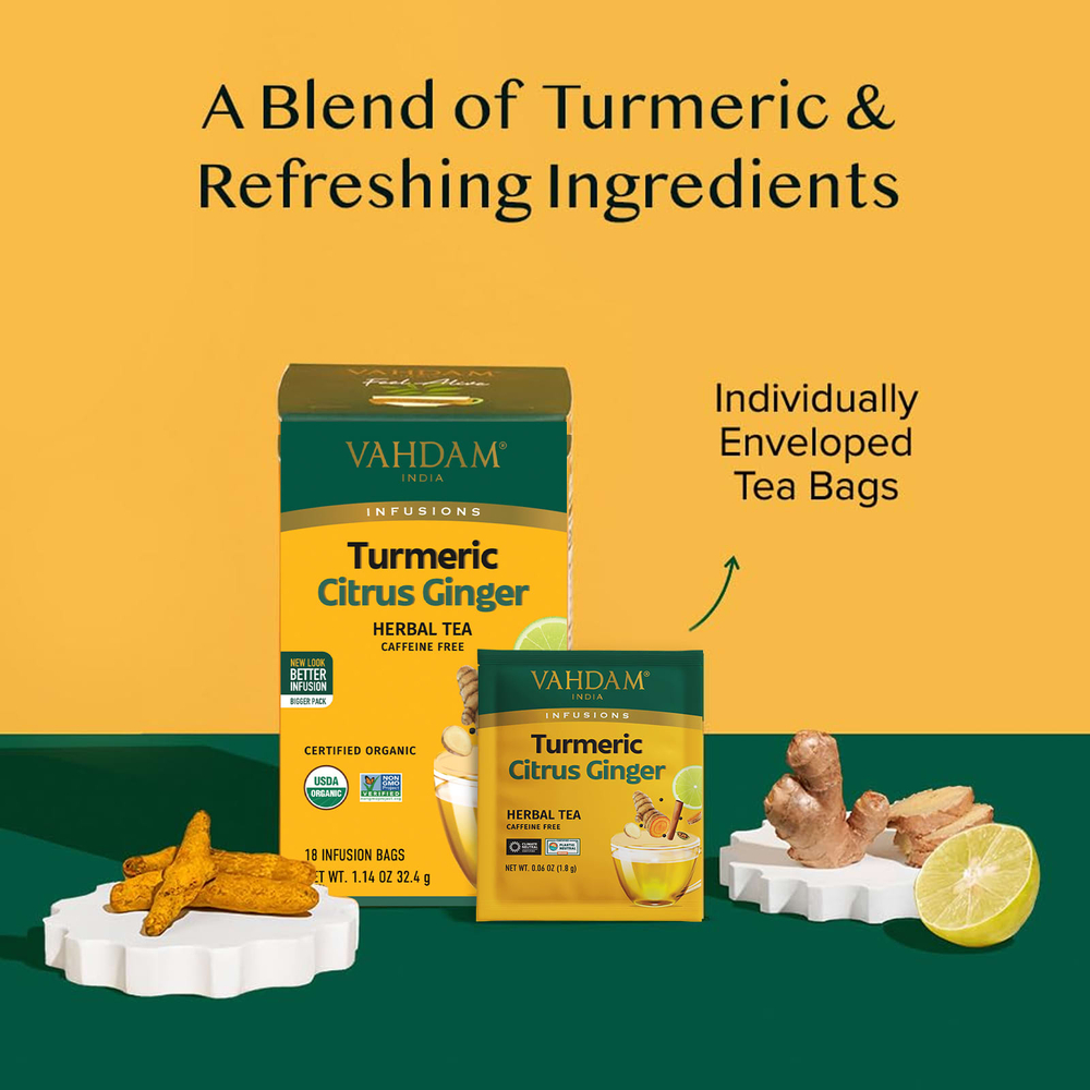 VAHDAM India, Infusions, травяной чай, куркума и имбирь, без кофеина, 18 пакетиков для заваривания, 32,4 г (1,14 унции)