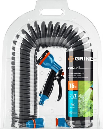 GRINDA спиральный шланг 3/8″ x 15 м, пистолет-распылитель, адаптеры, поливочный набор, PROLine (428495)