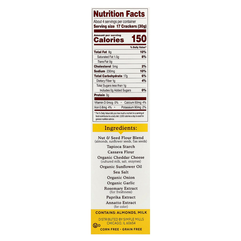 Simple Mills, крекеры из миндальной муки, с фермерским чеддером, 120 г (4,25 унции)