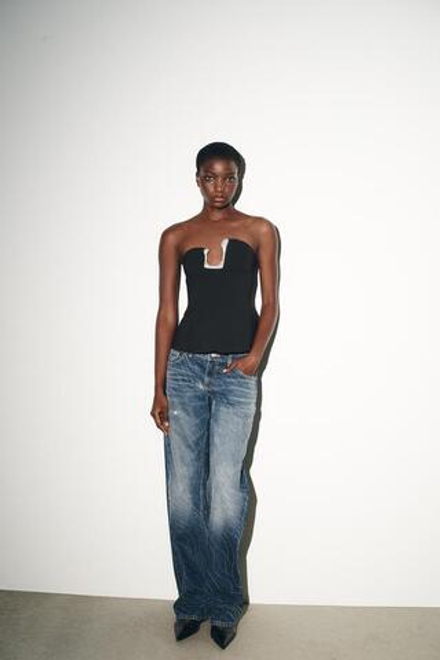 ZARA ДЖИНСЫ TRF WIDE LEG С НИЗКОЙ ПОСАДКОЙ И СТРАЗАМИ, СИНИЙ